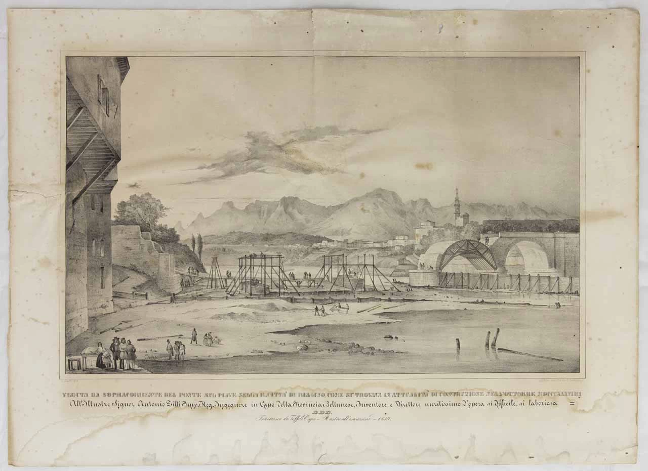 Veduta di Belluno con ponte sul Piave in costruzione - Belluno